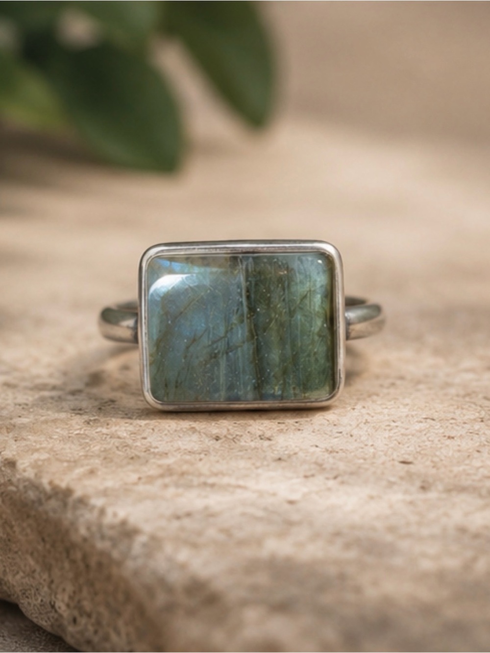 925 Sterling Silver  natural Labradorite Rectangle Ring - Blue-Green Stone